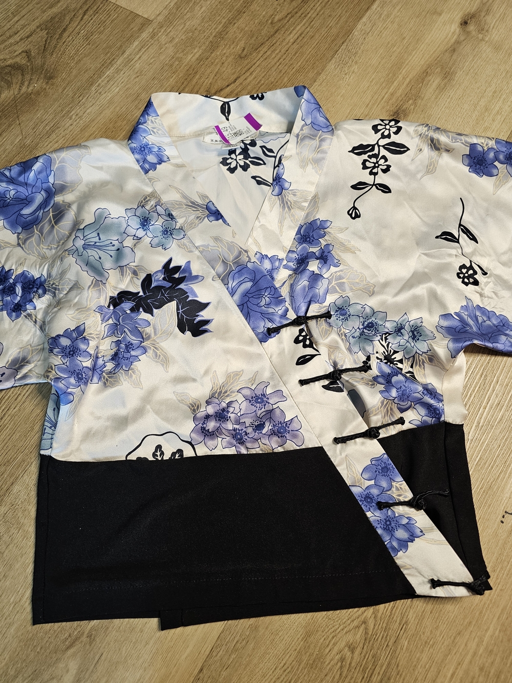 Blue Floral Satin Wrap Top Kimono Inspired